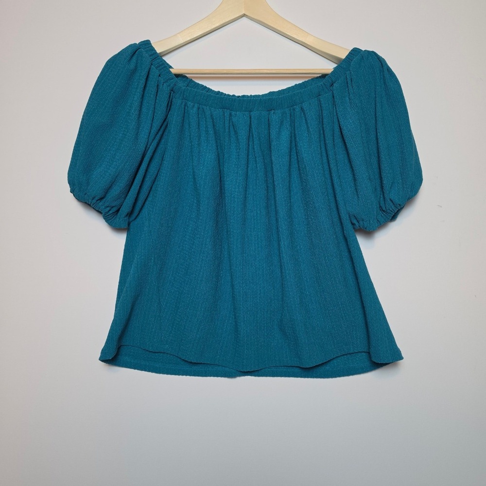 Anthropologie Textured Crepe Off Shoulder Puff Sleeve Blouse Teal Blue Size XS
